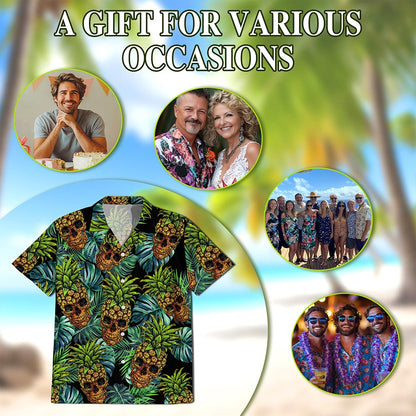Netecom Skull Pineapple Hawaiian Shirt for Men, Tropical Style, Button Down Summer Beach Short Sleeve, S-5XL