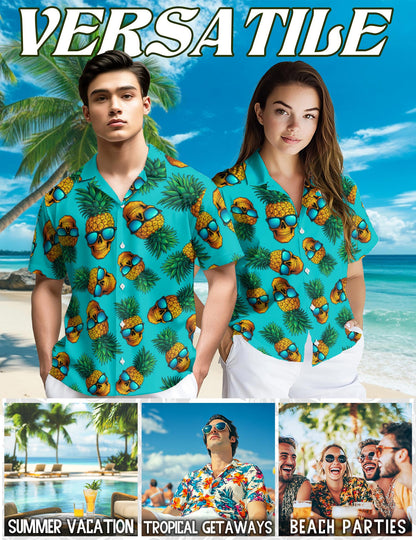 Netecom Skull Pineapple with Sunglasses Hawaiian Shirt for Men, Tropical Style, Button Down Summer Beach Short Sleeve, S-5XL