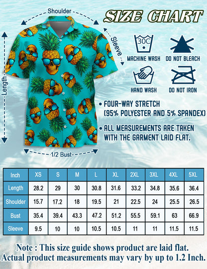 Netecom Skull Pineapple with Sunglasses Hawaiian Shirt for Men, Tropical Style, Button Down Summer Beach Short Sleeve, S-5XL