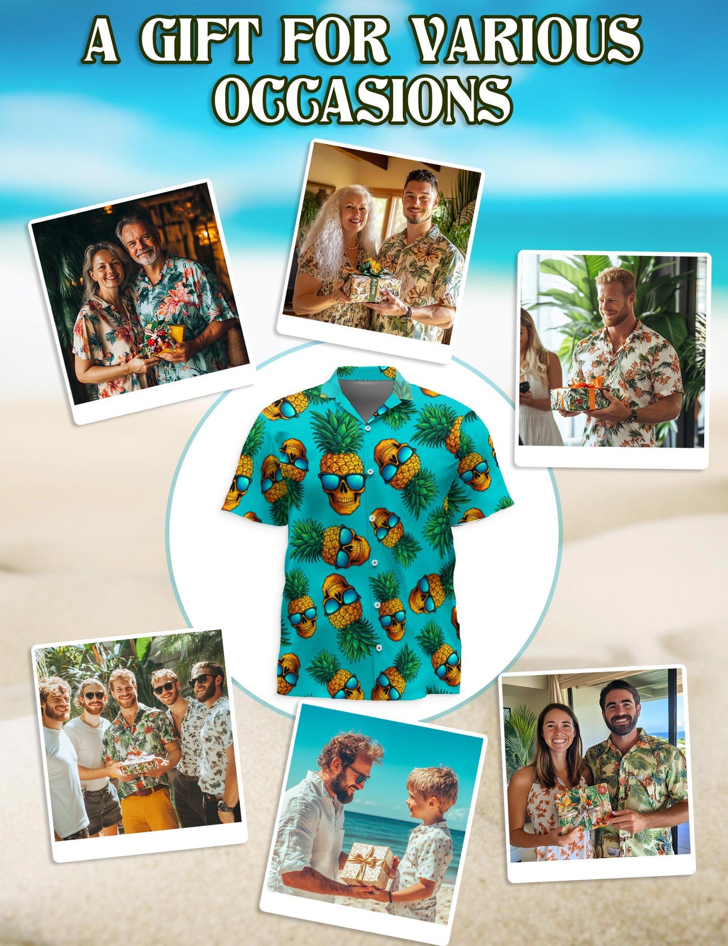 Netecom Skull Pineapple with Sunglasses Hawaiian Shirt for Men, Tropical Style, Button Down Summer Beach Short Sleeve, S-5XL