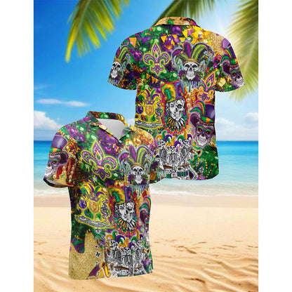 Netecom Skulls Mardi Gras Hawaiian Shirt for Men, Button Down Summer Beach Short Sleeve, Carnival Style, S-5XL