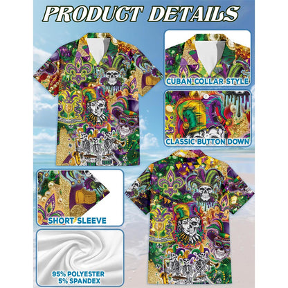 Netecom Skulls Mardi Gras Hawaiian Shirt for Men, Button Down Summer Beach Short Sleeve, Carnival Style, S-5XL