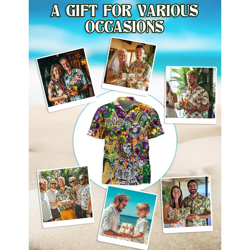 Netecom Skulls Mardi Gras Hawaiian Shirt for Men, Button Down Summer Beach Short Sleeve, Carnival Style, S-5XL