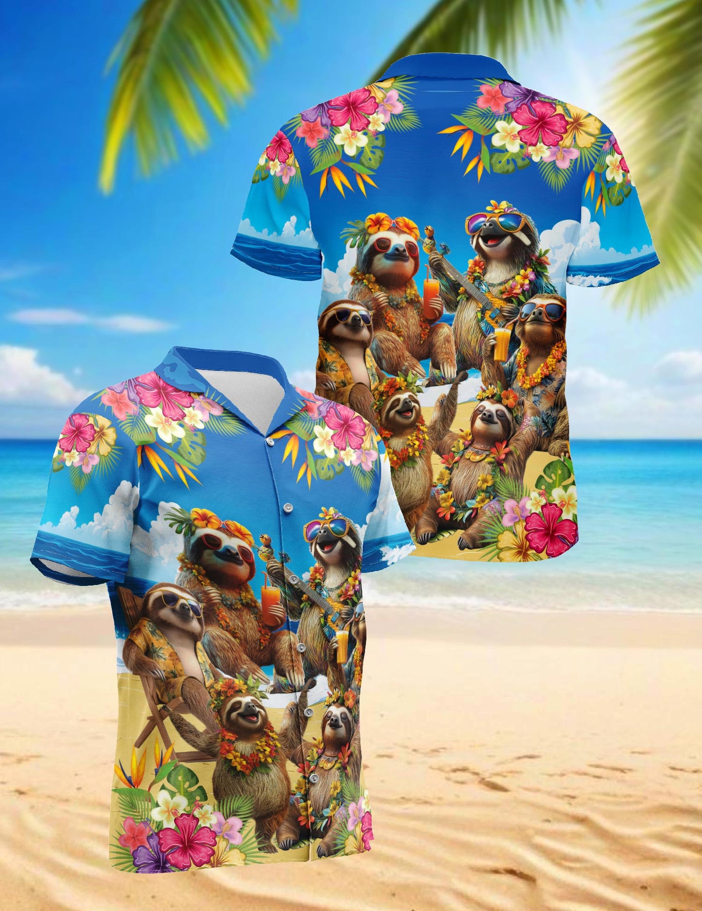 Netecom Sloth Surfing Hawaiian Shirt for Men, Button Down Summer Beach Short Sleeve, Tropical Style, Sizes S-5XL