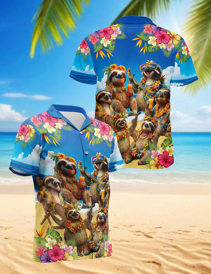 Netecom Sloth Surfing Hawaiian Shirt for Men, Button Down Summer Beach Short Sleeve, Tropical Style, Sizes S-5XL