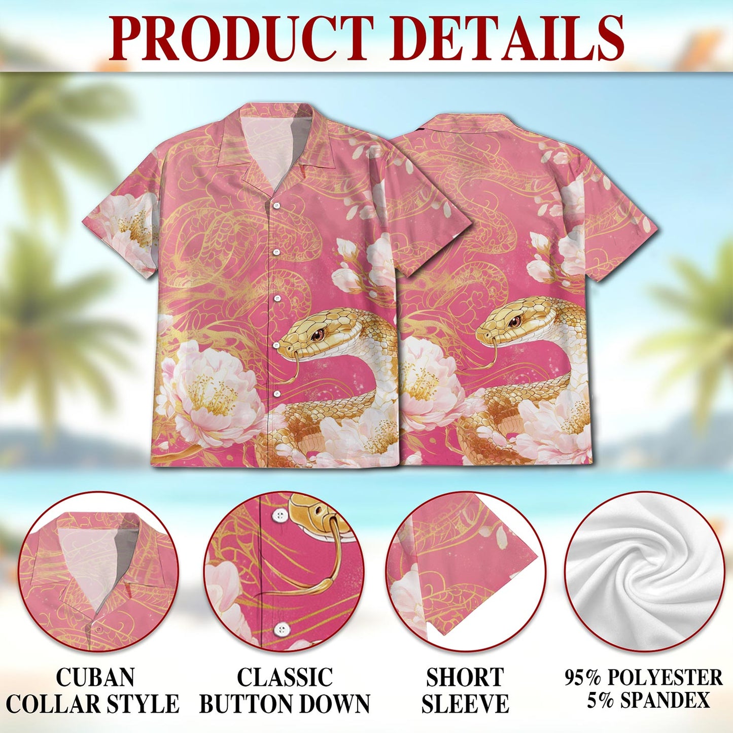 Netecom Snake Year Hawaiian Shirt for Men, Button Down Summer Beach Short Sleeve, Sizes S-5XL