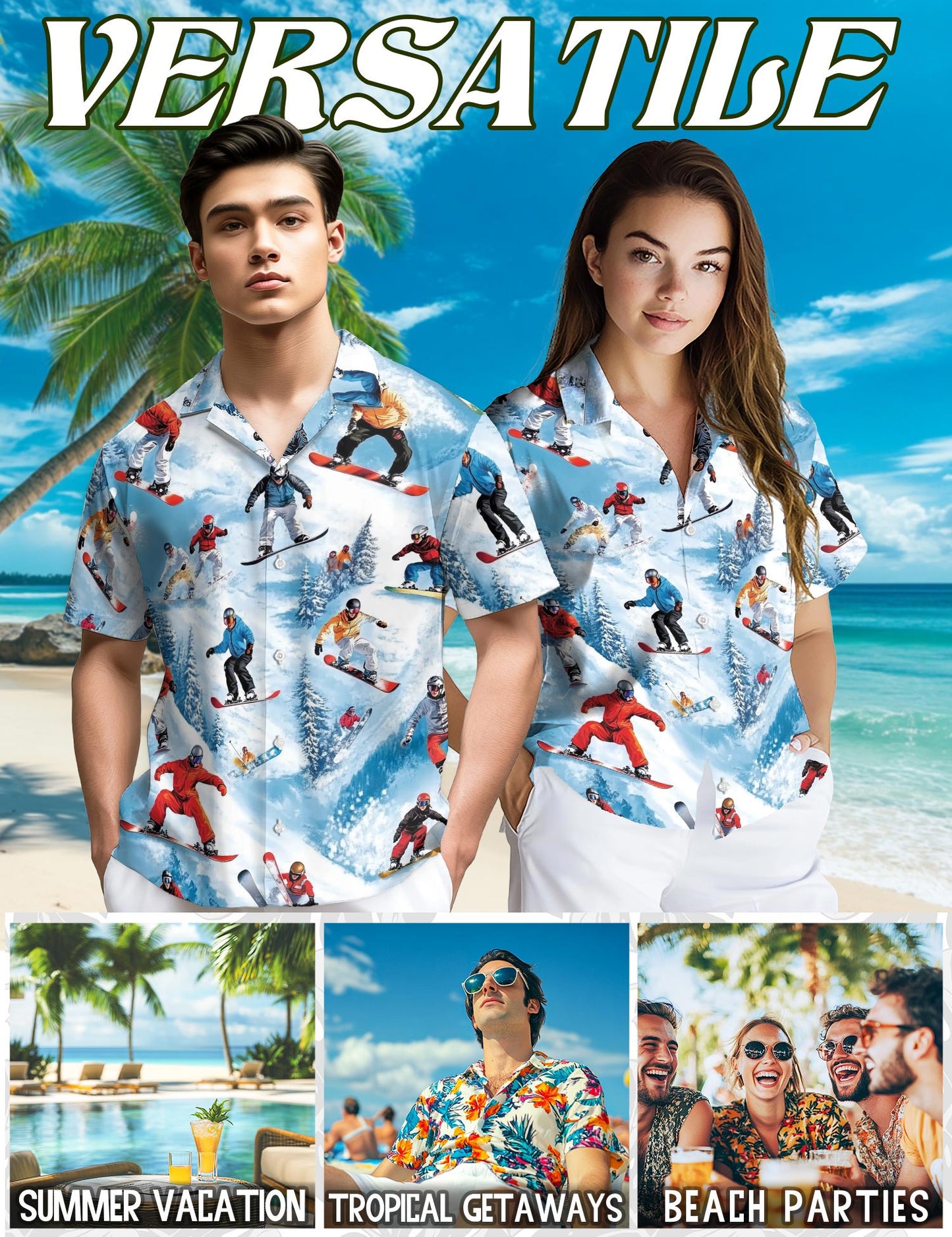 Netecom Snowboarding Passion Skiing Hawaiian Shirt for Men, Winter Sports Style, Button Down Summer Beach Short Sleeve, Sizes S-5XL