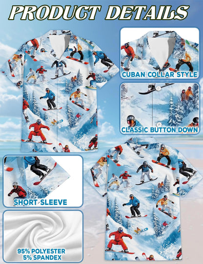 Netecom Snowboarding Passion Skiing Hawaiian Shirt for Men, Winter Sports Style, Button Down Summer Beach Short Sleeve, Sizes S-5XL