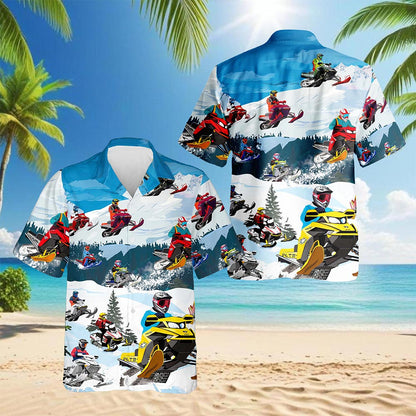 Netecom Snowmobile Hawaiian Shirt for Men, Sporty Style, Button Down Summer Beach Short Sleeve, S-5XL