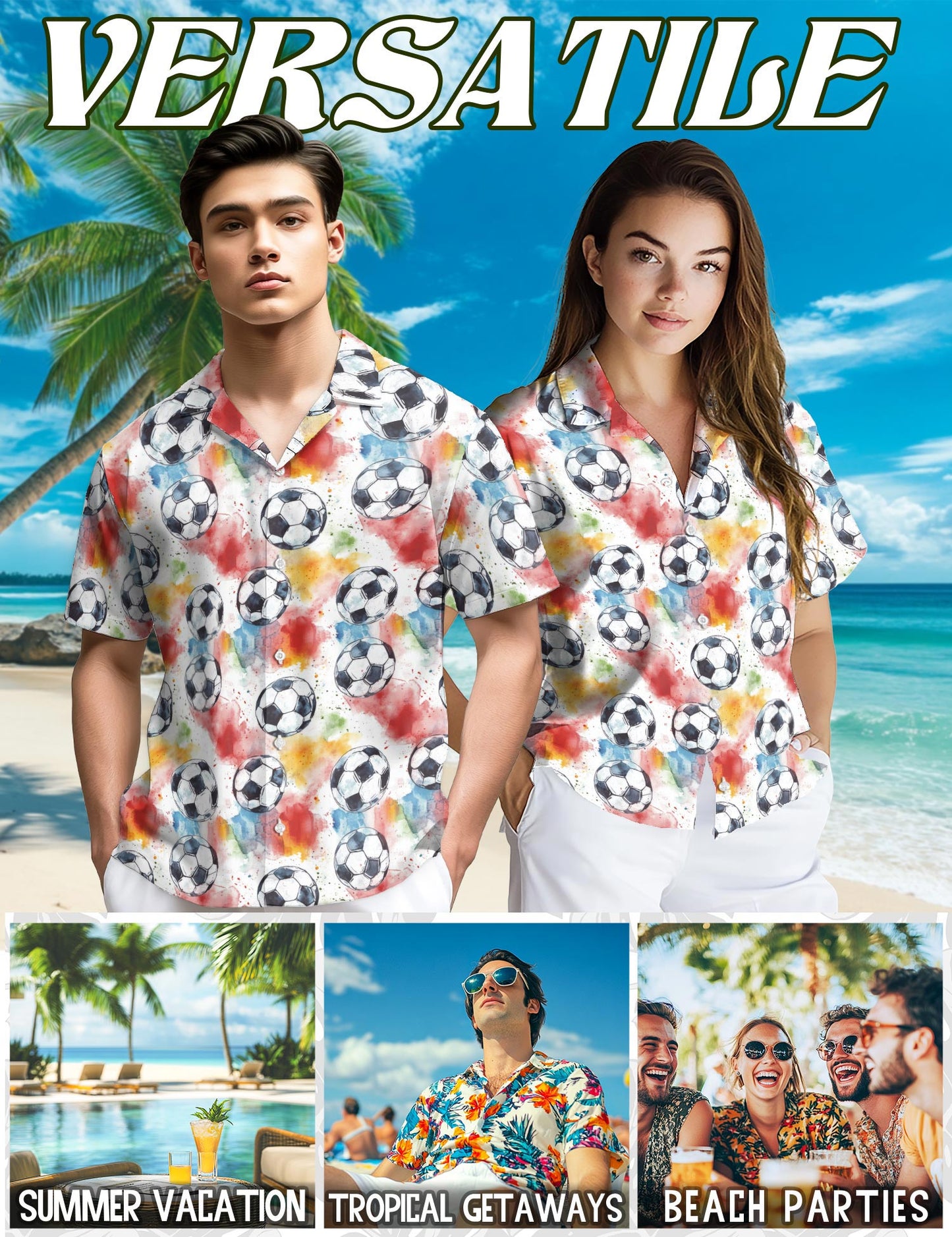 Netecom Soccer Ball Hawaiian Shirt for Men, Sporty Style, Button Down Summer Beach Short Sleeve, S-5XL