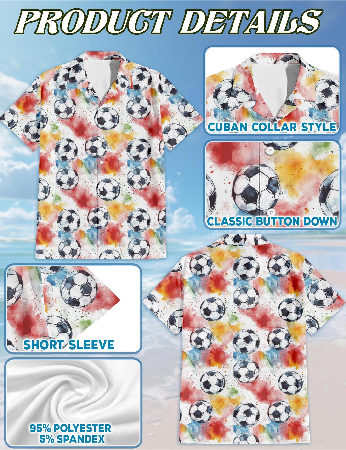 Netecom Soccer Ball Hawaiian Shirt for Men, Sporty Style, Button Down Summer Beach Short Sleeve, S-5XL