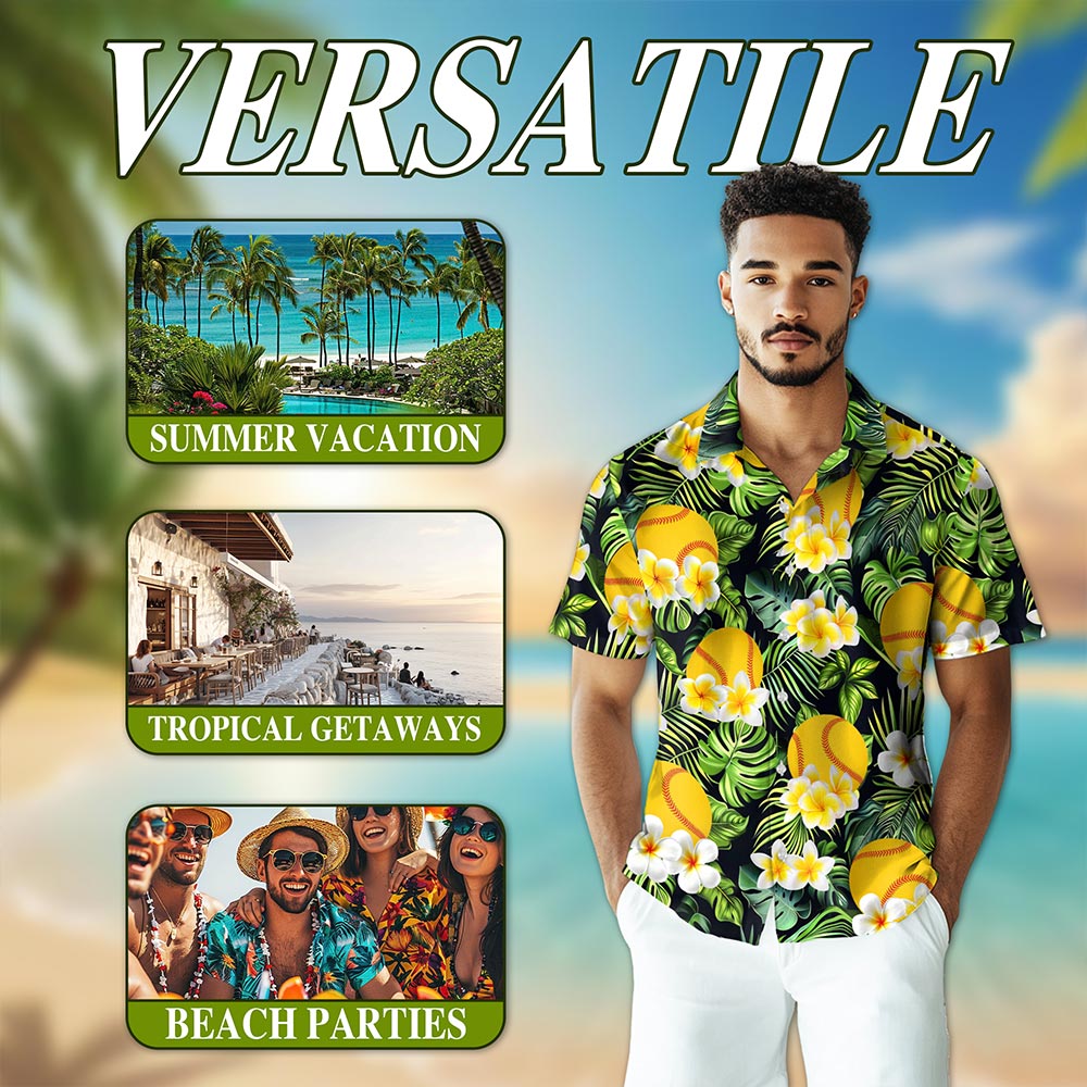 Netecom SoftBall Hawaiian Shirt for Men, Sporty Lover Gifts, Button Down Summer Beach Short Sleeve, S-5XL