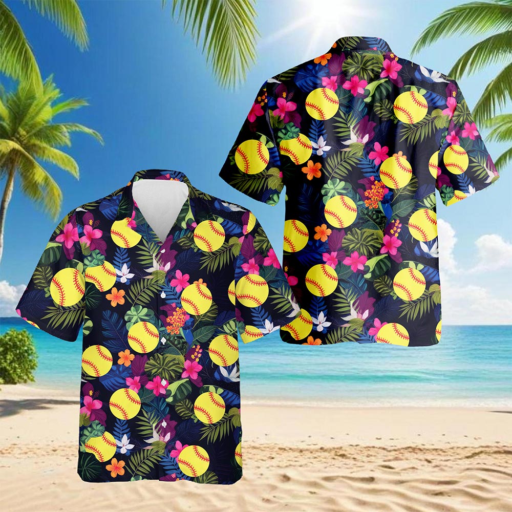 Netecom Softball Hawaiian Shirt for Men, Hibiscus Button Down Summer Beach Short Sleeve, Softball Lover Gifts, S-5XL