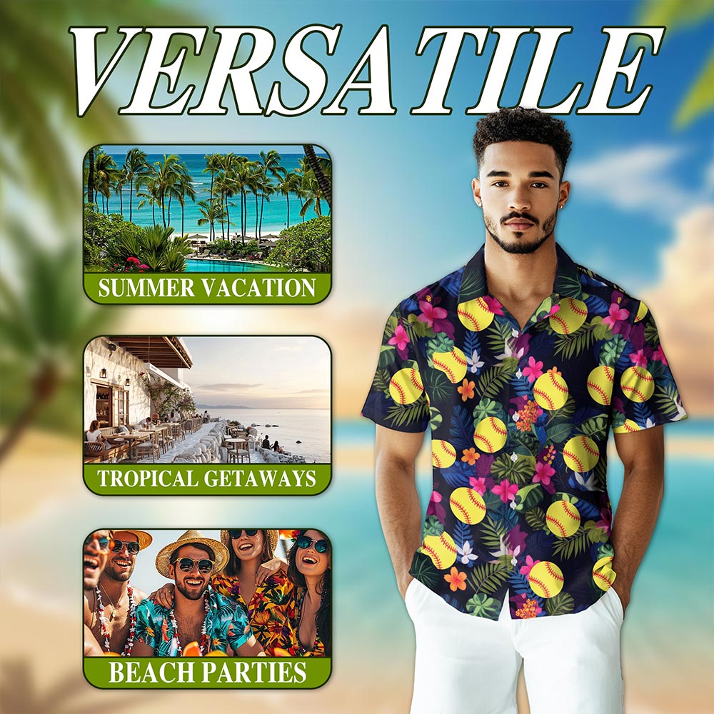 Netecom Softball Hawaiian Shirt for Men, Hibiscus Button Down Summer Beach Short Sleeve, Softball Lover Gifts, S-5XL