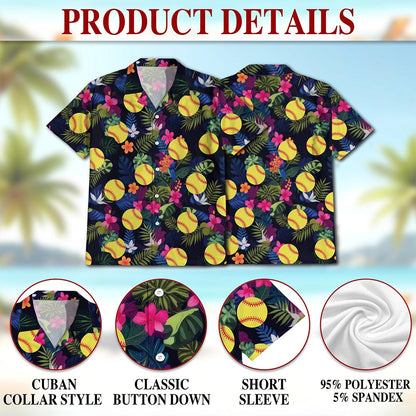 Netecom Softball Hawaiian Shirt for Men, Hibiscus Button Down Summer Beach Short Sleeve, Softball Lover Gifts, S-5XL