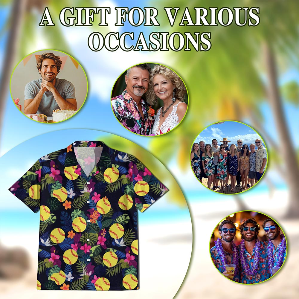 Netecom Softball Hawaiian Shirt for Men, Hibiscus Button Down Summer Beach Short Sleeve, Softball Lover Gifts, S-5XL