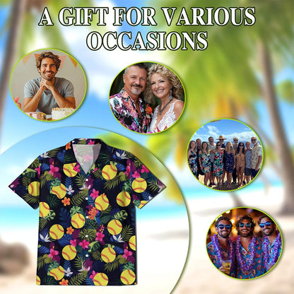 Netecom Softball Hawaiian Shirt for Men, Hibiscus Button Down Summer Beach Short Sleeve, Softball Lover Gifts, S-5XL