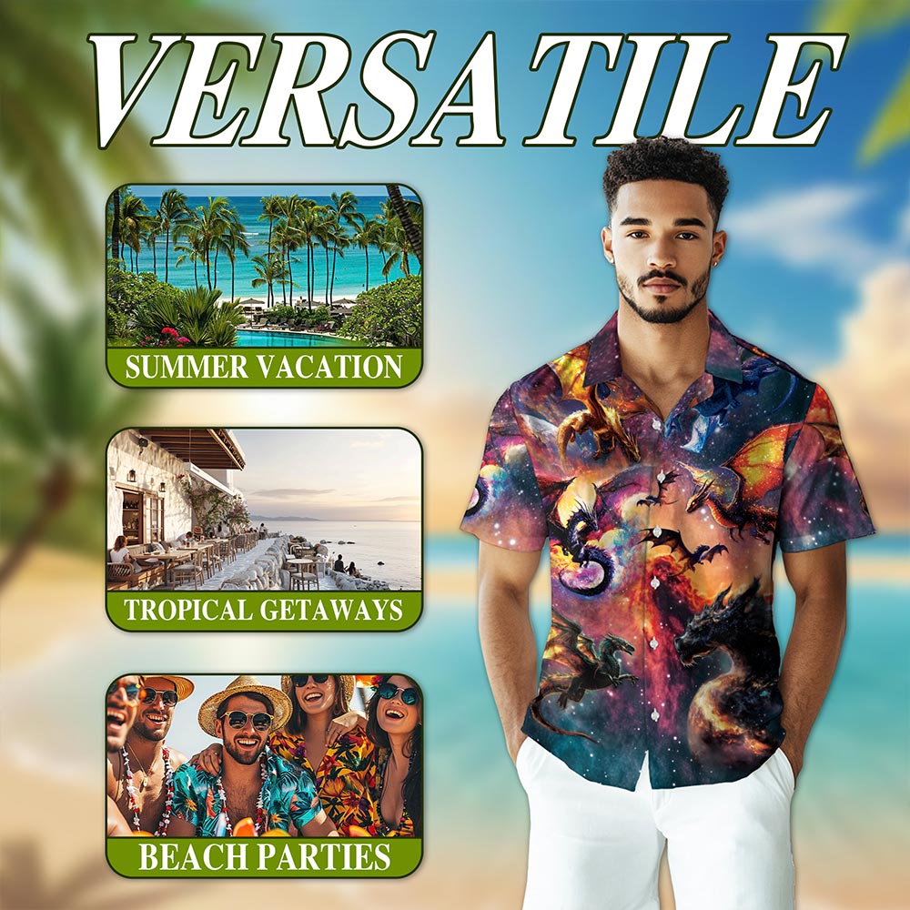 Netecom Space Dragon Hawaiian Shirt for Men, Button Down Summer Beach Short Sleeve, S-5XL