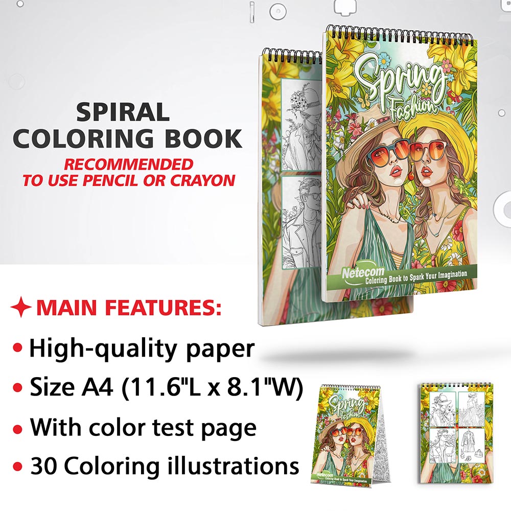Netecom Spring Fashion Coloring Book for Adults, Spiral Bound, Soft Cover