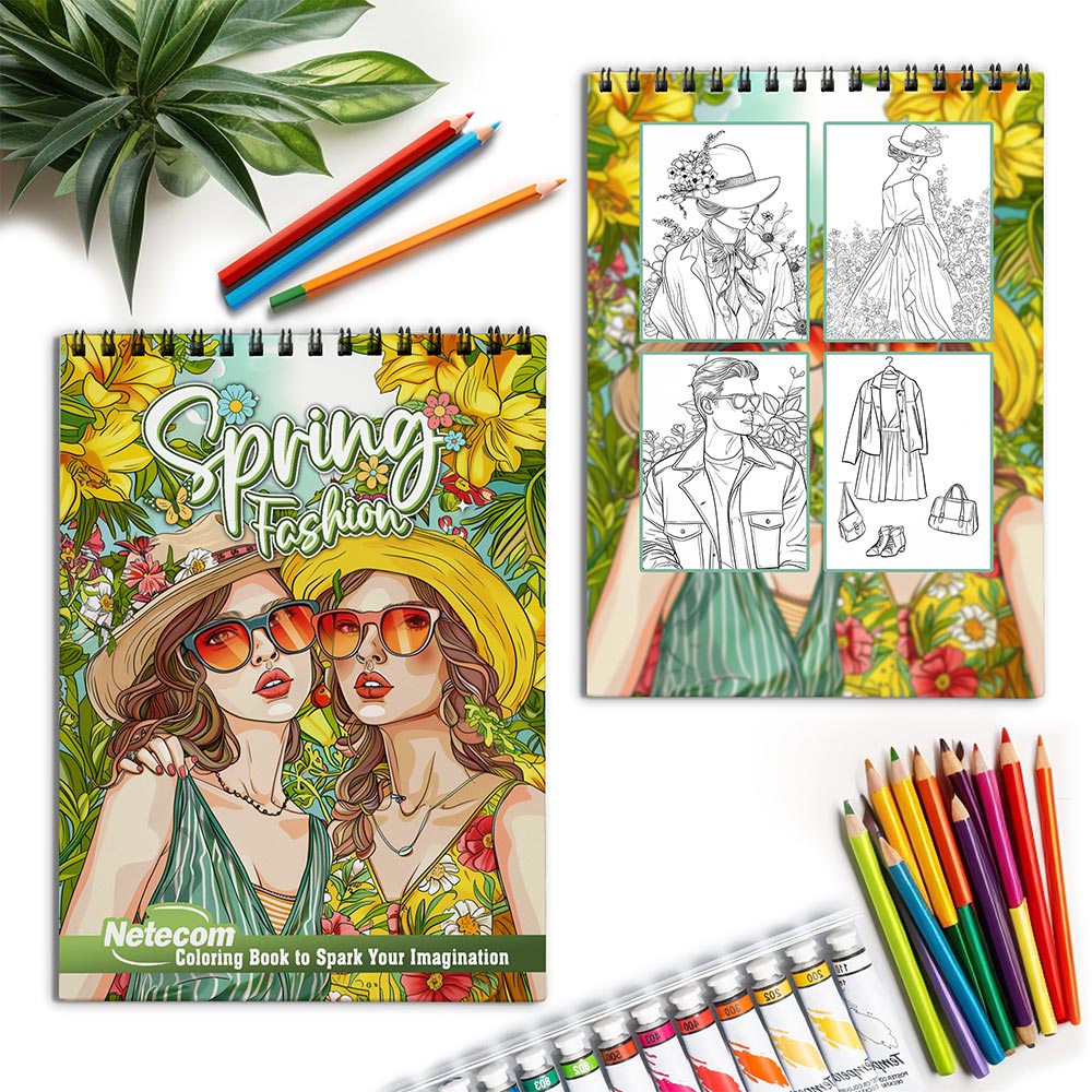 Netecom Spring Fashion Coloring Book for Adults, Spiral Bound, Soft Cover