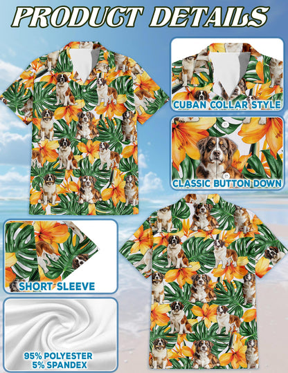 Netecom St.Bernard Hawaiian Shirt for Men, Tropical Style, Button Down Summer Beach Short Sleeve, S-5XL