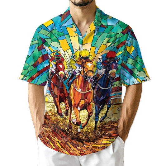 Netecom Stained Glass Racing Horse Hawaiian Shirt for Men