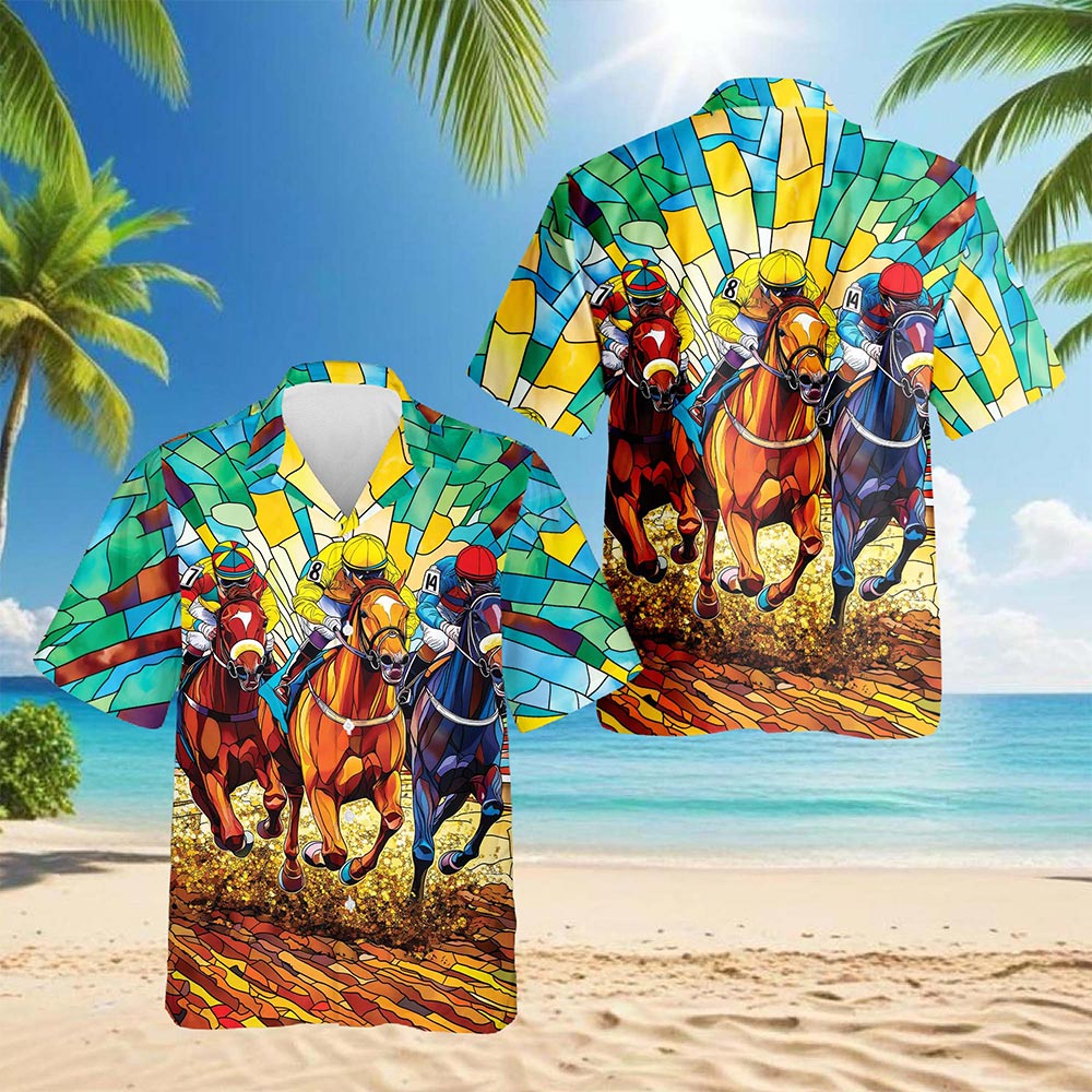 Netecom Stained Glass Racing Horse Hawaiian Shirt for Men, Button Down Summer Beach Short Sleeve, S-5XL