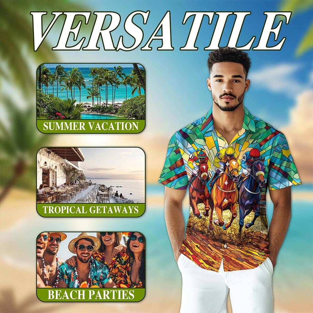 Netecom Stained Glass Racing Horse Hawaiian Shirt for Men, Button Down Summer Beach Short Sleeve, S-5XL