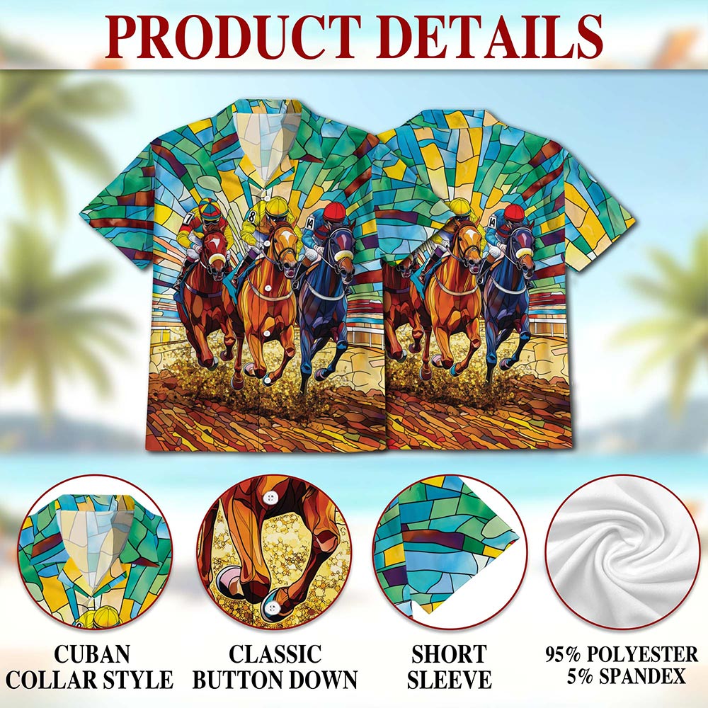Netecom Stained Glass Racing Horse Hawaiian Shirt for Men, Button Down Summer Beach Short Sleeve, S-5XL