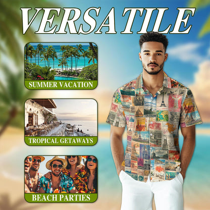 Netecom Stamps Collecting Hawaiian Shirt for Men, Button Down Summer Beach Short Sleeve, Retro Style, Sizes S-5XL
