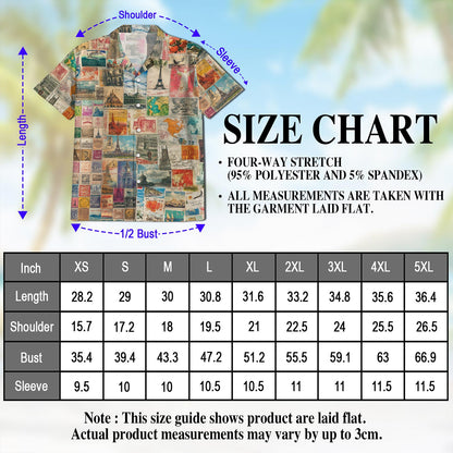 Netecom Stamps Collecting Hawaiian Shirt for Men, Button Down Summer Beach Short Sleeve, Retro Style, Sizes S-5XL