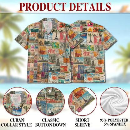 Netecom Stamps Collecting Hawaiian Shirt for Men, Button Down Summer Beach Short Sleeve, Retro Style, Sizes S-5XL
