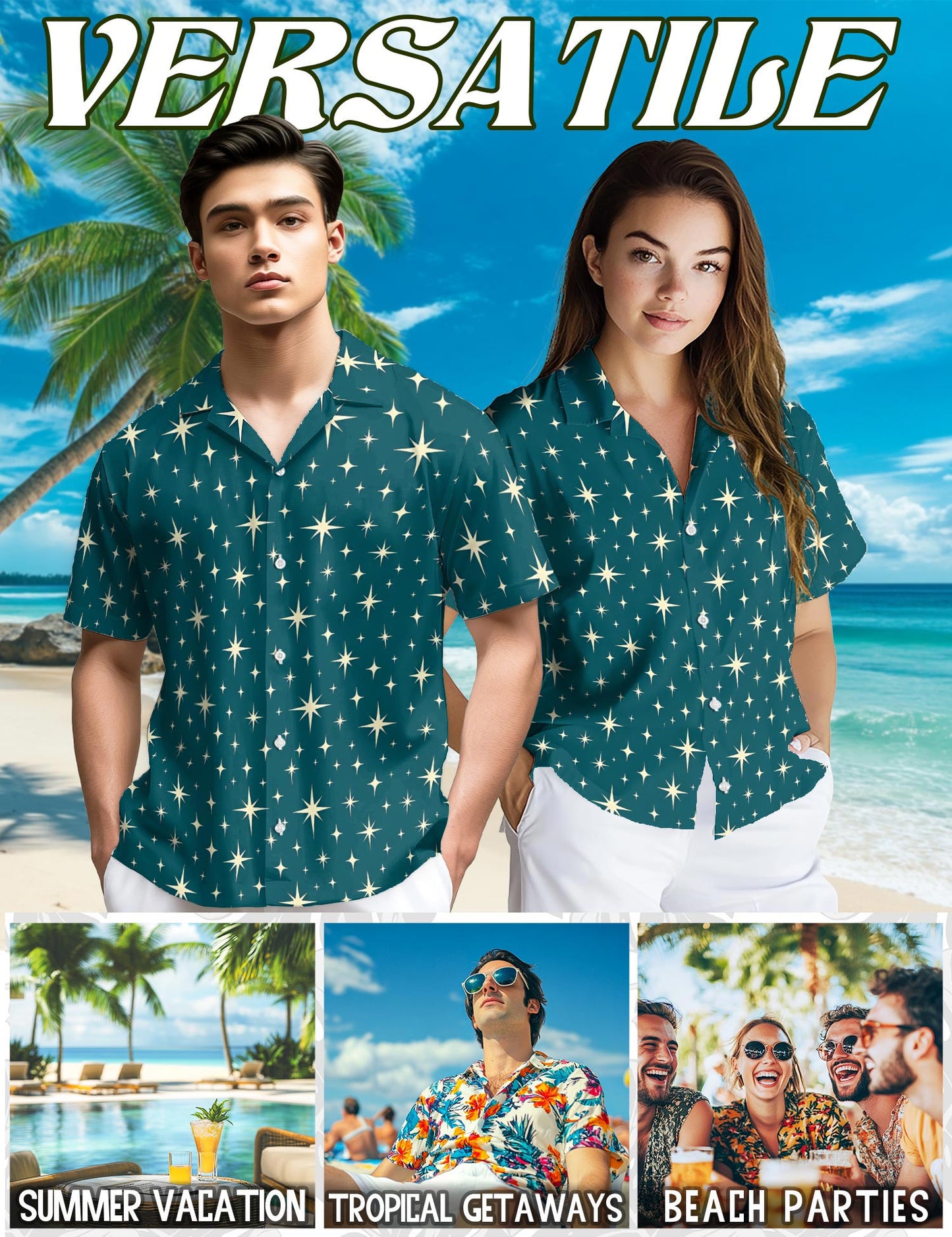 Netecom Star Pattern Hawaiian Shirt for Men, Vintage Style, Button Down Summer Beach Short Sleeve, S-5XL