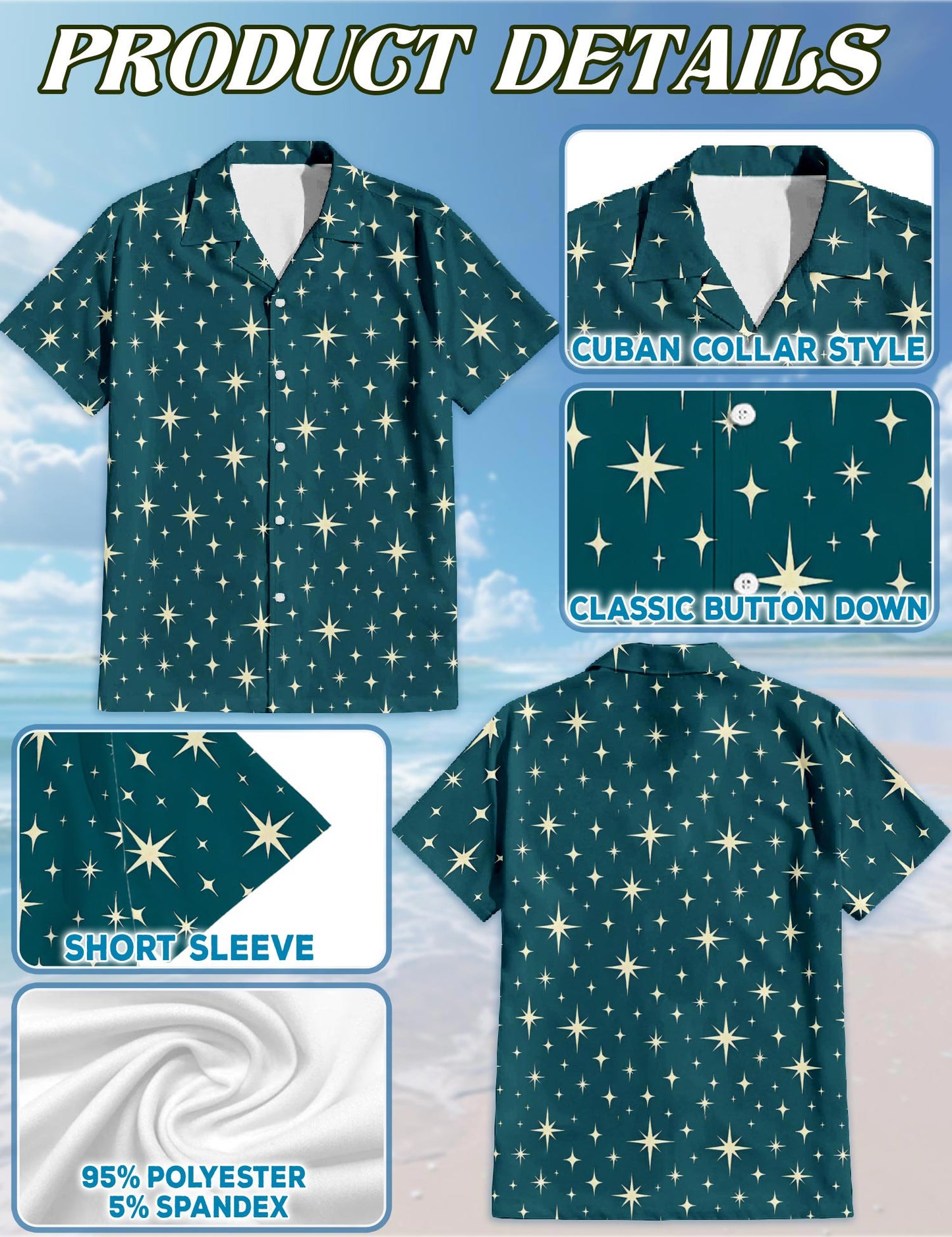 Netecom Star Pattern Hawaiian Shirt for Men, Vintage Style, Button Down Summer Beach Short Sleeve, S-5XL
