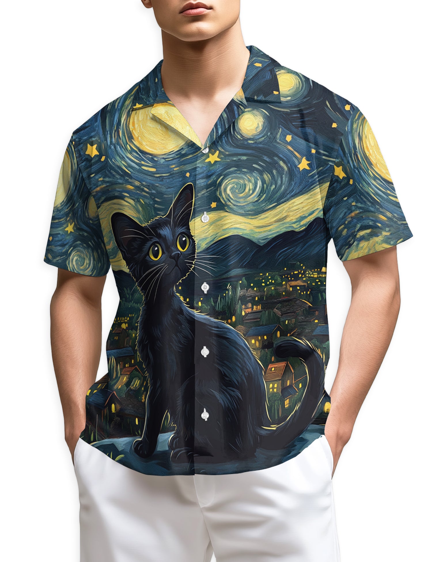 Netecom Starry Night Cat Hawaiian Shirt for Men