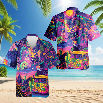 Netecom Stay Trippy Hippie Bus Hawaiian Shirt for Men, Button Down Summer Beach Short Sleeve, Tropical Style, S-5XL