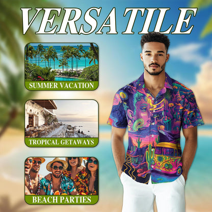 Netecom Stay Trippy Hippie Bus Hawaiian Shirt for Men, Button Down Summer Beach Short Sleeve, Tropical Style, S-5XL