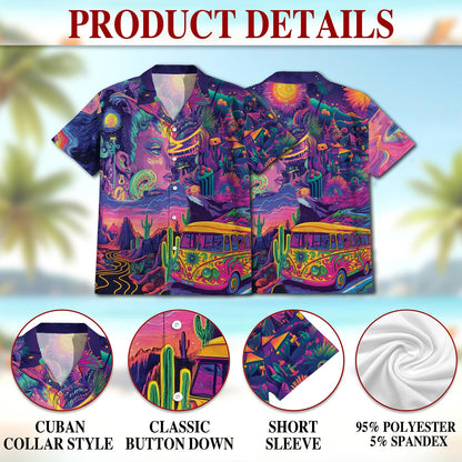 Netecom Stay Trippy Hippie Bus Hawaiian Shirt for Men, Button Down Summer Beach Short Sleeve, Tropical Style, S-5XL