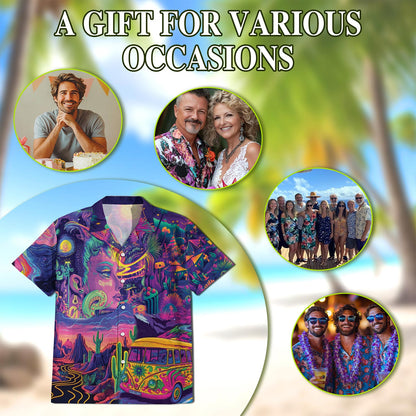 Netecom Stay Trippy Hippie Bus Hawaiian Shirt for Men, Button Down Summer Beach Short Sleeve, Tropical Style, S-5XL