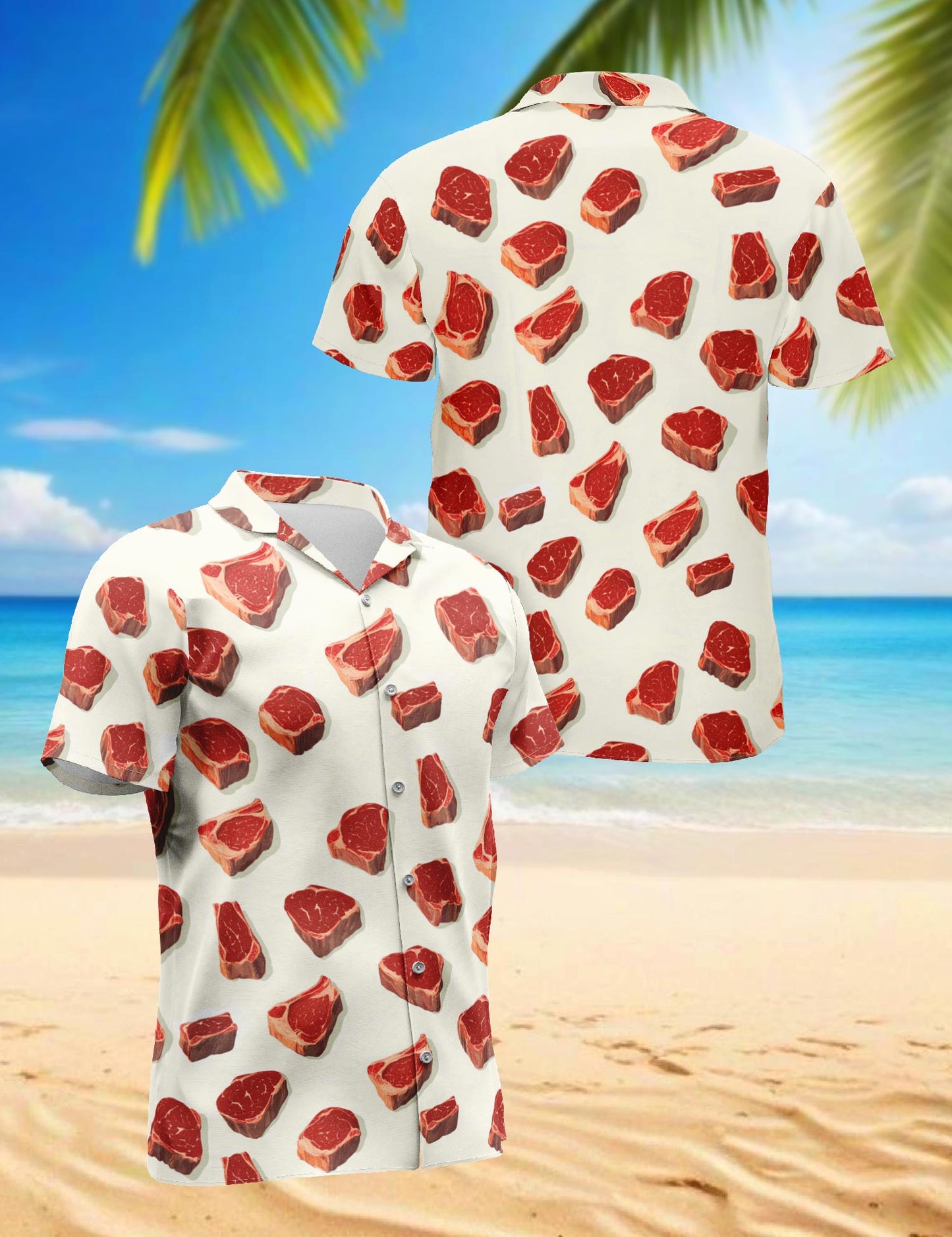 Netecom Steak Pattern Hawaiian Shirt for Men, Vintage Style, Button Down Summer Beach Short Sleeve, S-5XL