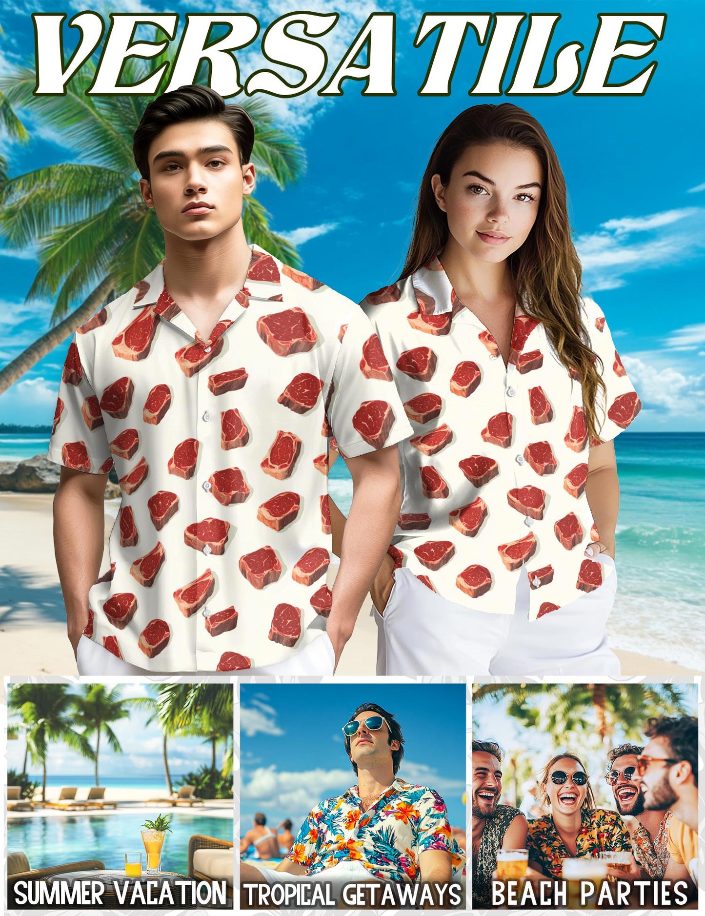 Netecom Steak Pattern Hawaiian Shirt for Men, Vintage Style, Button Down Summer Beach Short Sleeve, S-5XL