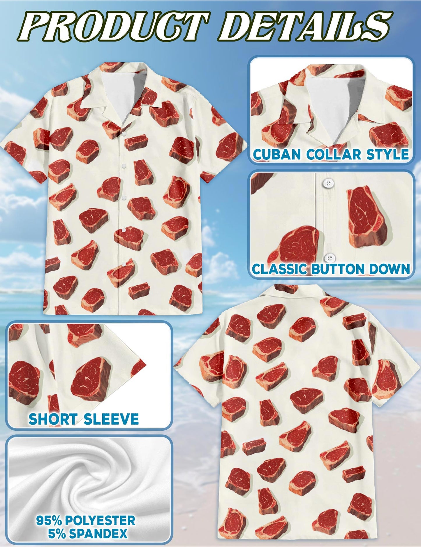 Netecom Steak Pattern Hawaiian Shirt for Men, Vintage Style, Button Down Summer Beach Short Sleeve, S-5XL