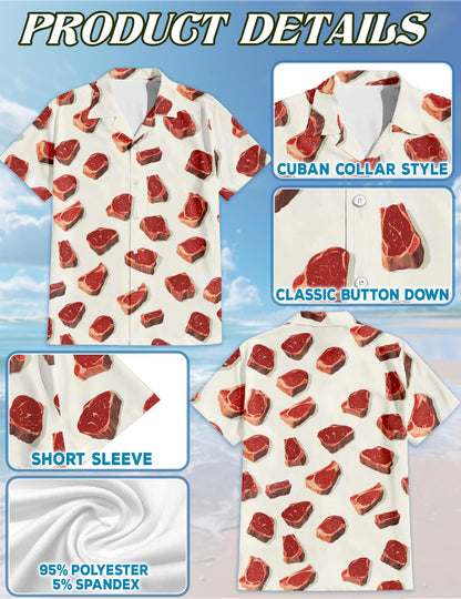 Netecom Steak Pattern Hawaiian Shirt for Men, Vintage Style, Button Down Summer Beach Short Sleeve, S-5XL