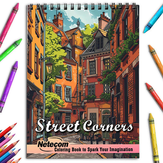 Netecom Street Corners Coloring Book for Adults, Spiral Bound, Soft Cover