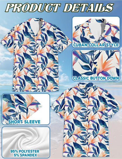 Netecom Strelitzia Hawaiian Shirt for Men, Tropical Style, Button Down Summer Beach Short Sleeve, S-5XL