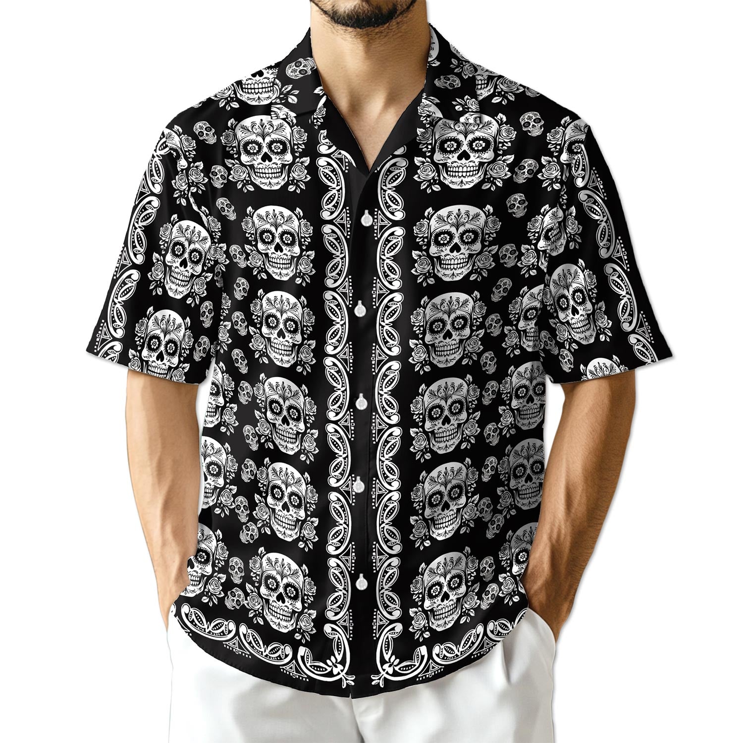 Netecom Sugar Skull Pattern Hawaiian Shirt for Men
