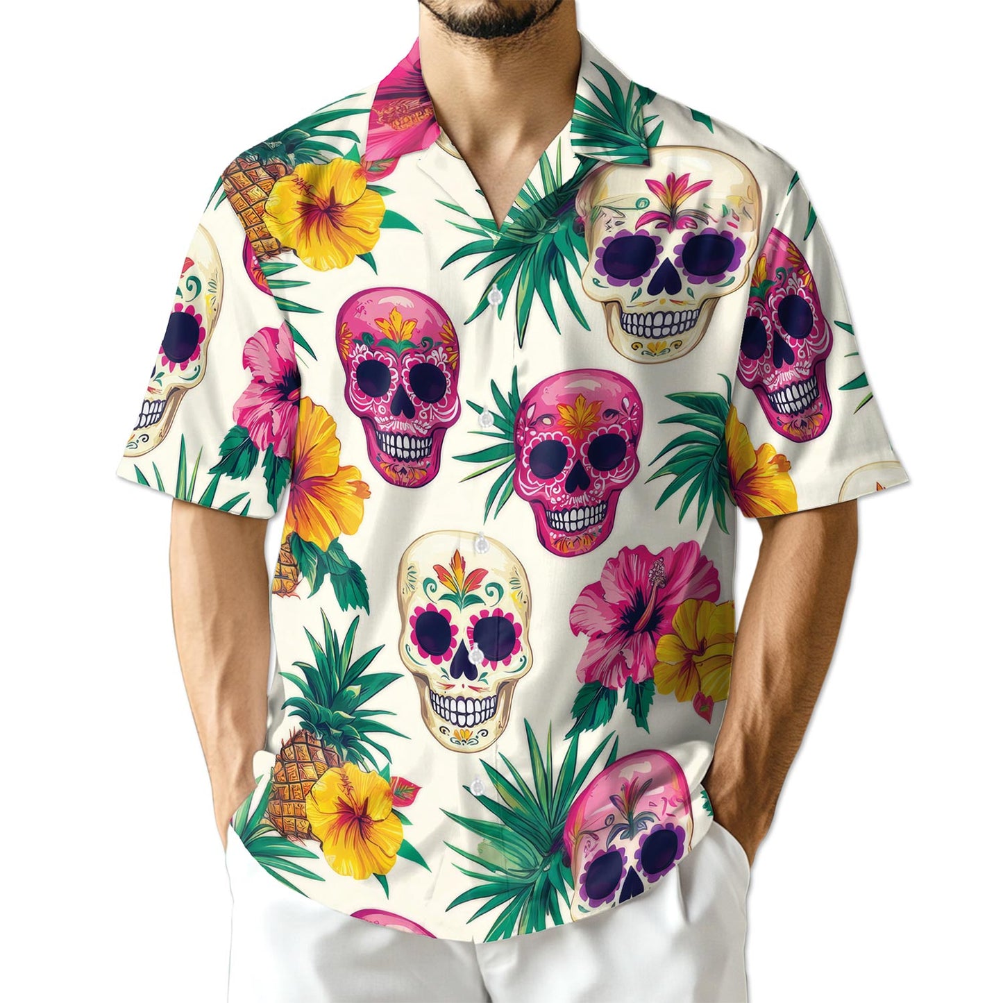 Netecom Sugar Skull Tropical Hawaiian Shirt for Men