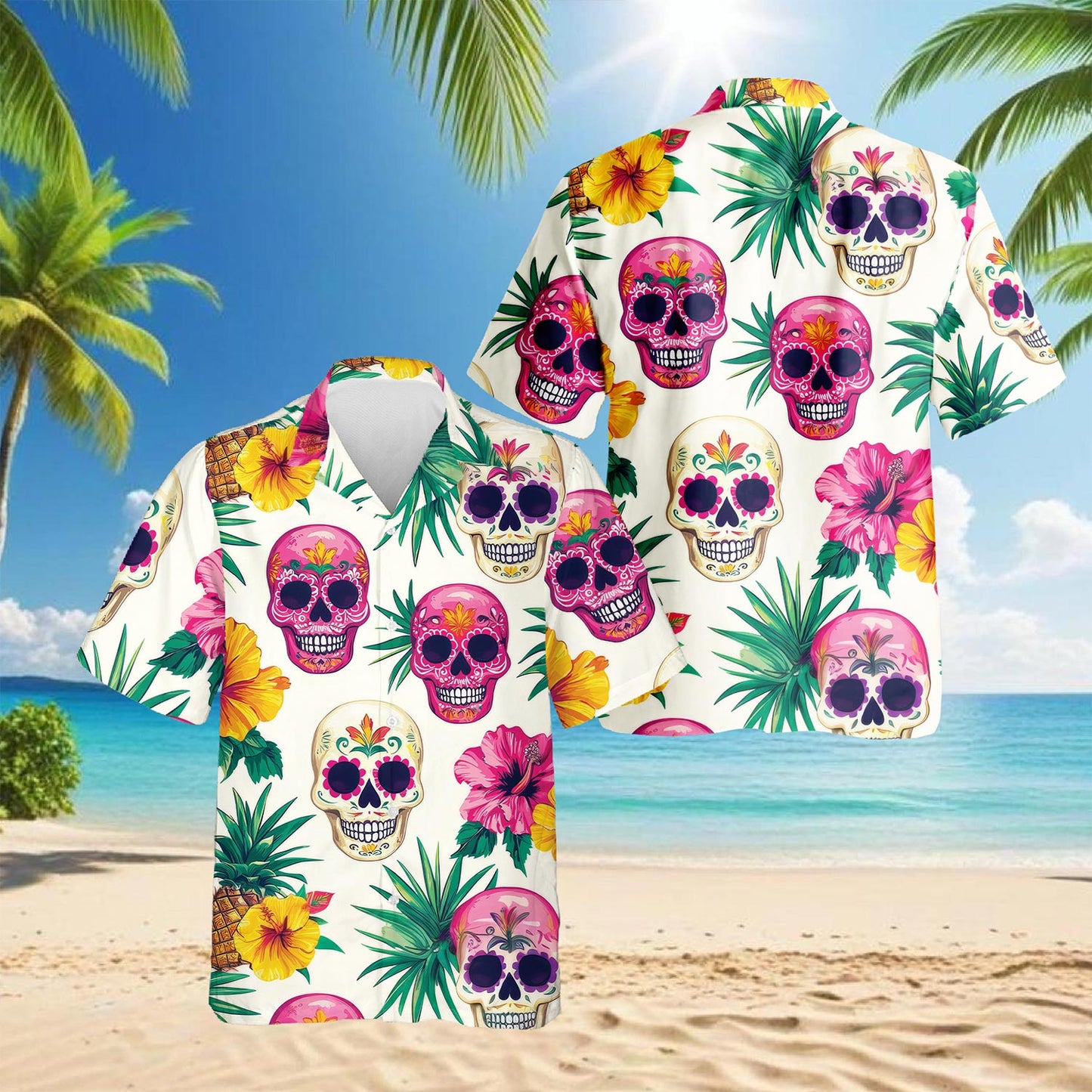 Netecom Sugar Skull Tropical Hawaiian Shirt for Men, Button Down Summer Beach Short Sleeve, Tropical Style, S-5XL