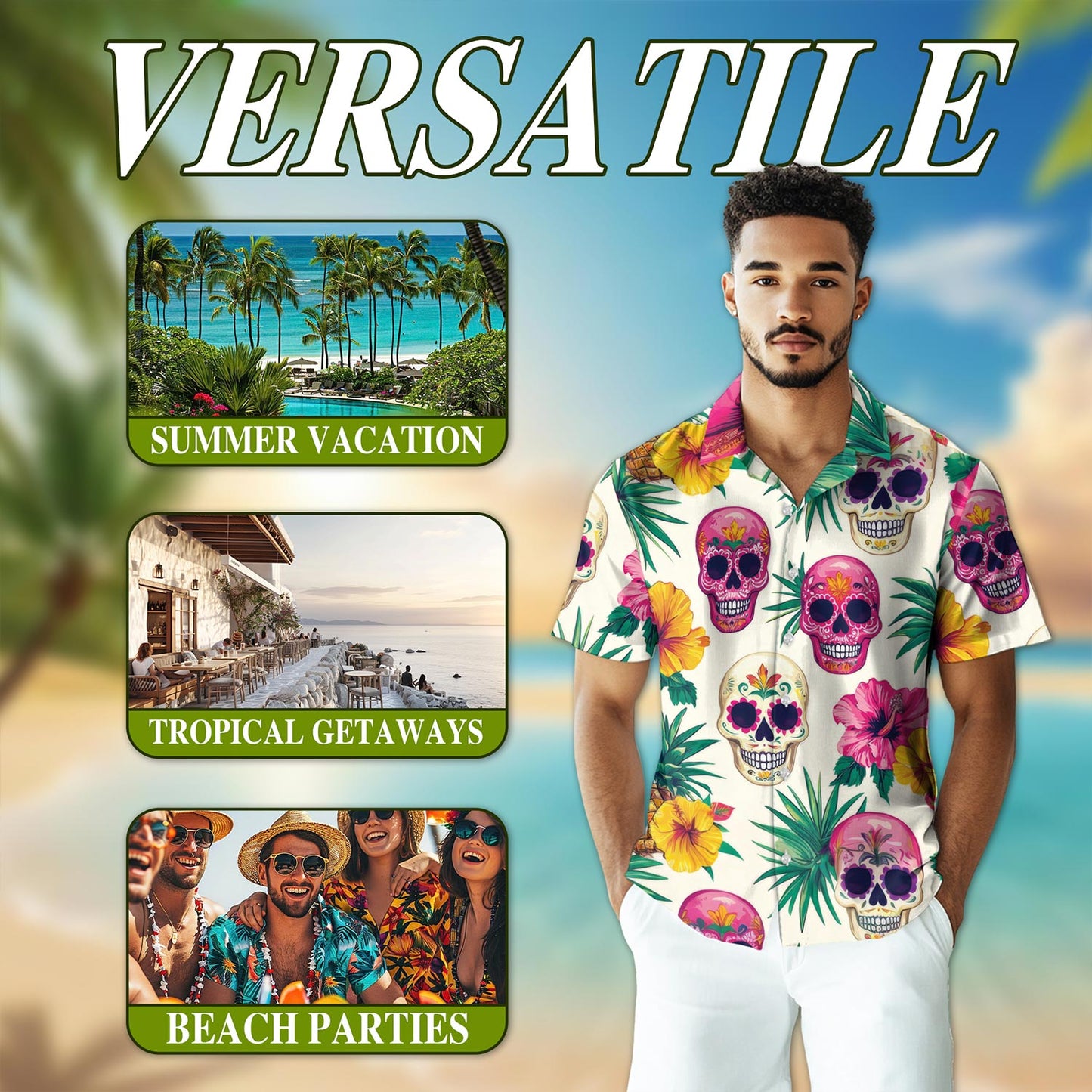 Netecom Sugar Skull Tropical Hawaiian Shirt for Men, Button Down Summer Beach Short Sleeve, Tropical Style, S-5XL