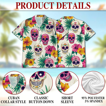 Netecom Sugar Skull Tropical Hawaiian Shirt for Men, Button Down Summer Beach Short Sleeve, Tropical Style, S-5XL